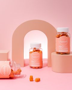 Pastel coloured beauty product content creation for Sugarbearhair vitamins. Styled health product stills photography by Marianne Taylor.