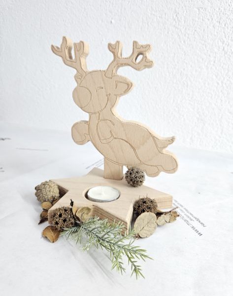 Teelichthalter Tischdeko Weihnachten Design Rentier aus Holz Buche