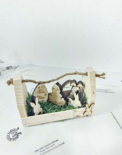 Osternest Deko Kiste mit 6er Set Figuren aus Holz Fichte