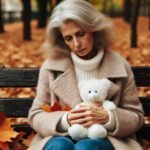 Essenz der Trauer es sitzt eine traurige Frau auf einer Bank und hält einen kleinen Teddy im Arm. Im Hintergrund sind herbstfarben zu erkennen, einige Bäume und auf dem Boden liegendes Laub