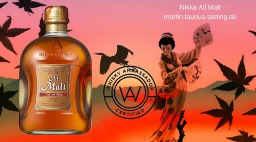 Eine Flasche Nikka All Malt, im Hintergrund eine japanische Tänzerin