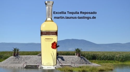 Eine Flasche Excellia Tequila Reposado, eine Landschaft in Mexico im Hintergrund