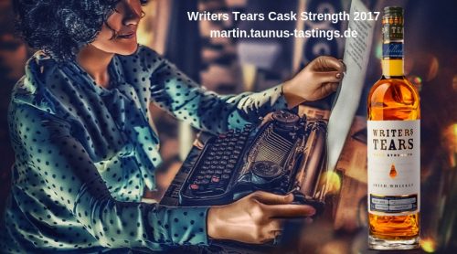 Eine Flasche Writers Tears Cask Strenght 2017. im Hintergrund eine Schriftstellerin