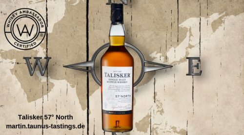 Eine Flasche Talisker 57° North, im Hintergrund eine Landkarte