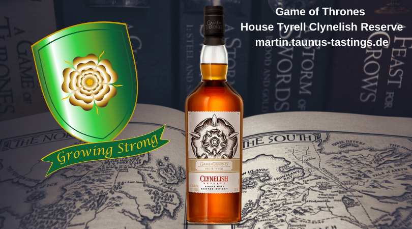 Eine Flasche Game of Thrones House Tyrell Clynelish Reserve, im Hintergrund GoT Bücher und das Wappen des Hauses Tyrell