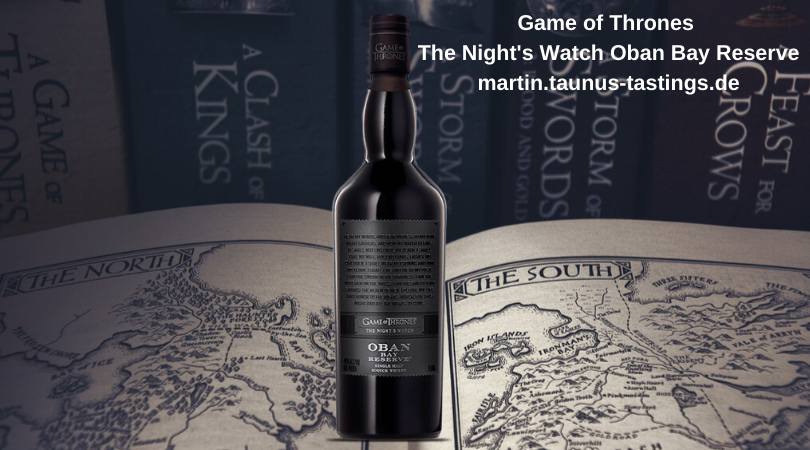 Eine Flasche Game of Thrones The Night's Watch Oban Bay Reserve mit GoT Büchern im Hintergrund