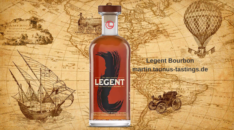 Eine Flasche Legent Bourbon mit einer historischen Landkarte im Hintergrund