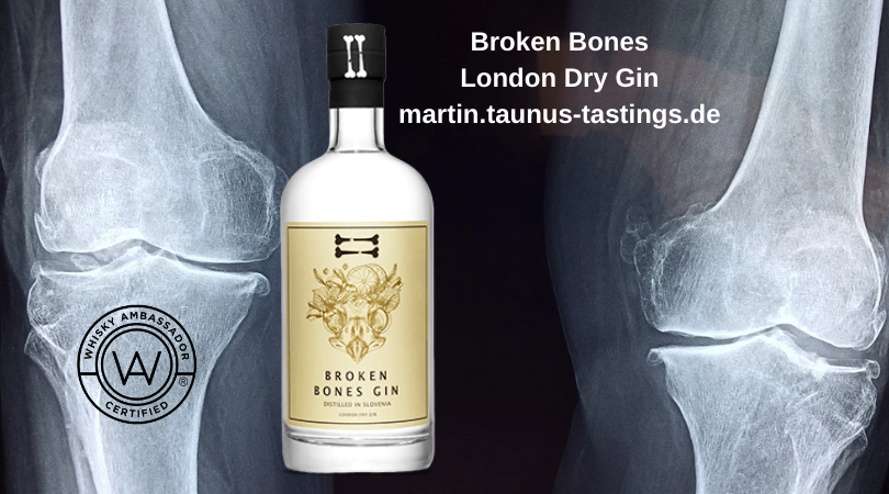 Eine Flasche Broken Bones London Dry Gin mit Röntgenbild im Hintergrund