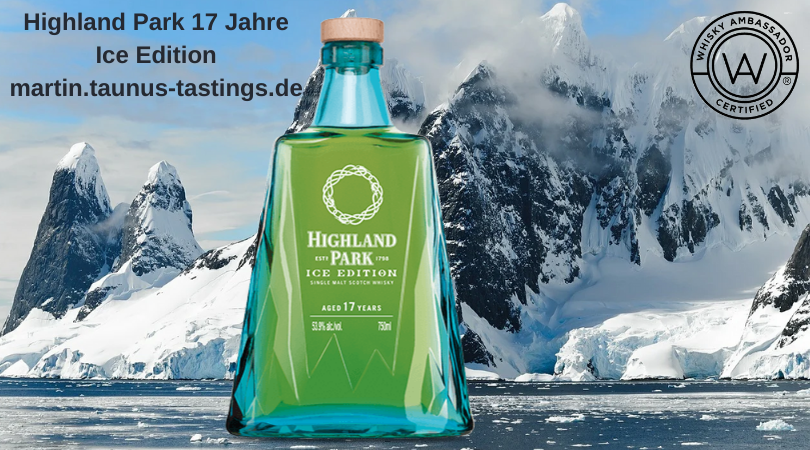 Eine Flasche Highland Park 17 Jahre Ice Edition mit einem Gletscher im Hintergrund