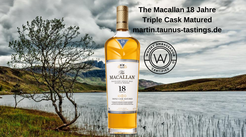 Eine Flasche The Macallan 18 Jahre Triple Cask Matured, im Hintergrund eine schottische Landschaft