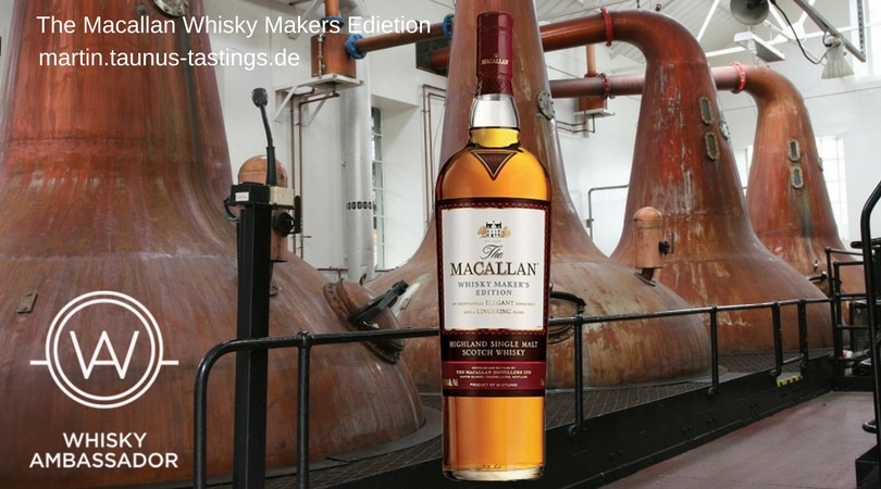 Eine Flasche The Macallan Whisky Maker's Edition, im Hintergrund Brennblasen