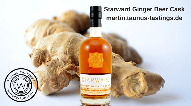 Eine Flasche Starward Ginger Beer Cask, im Hintergrund Ingwer