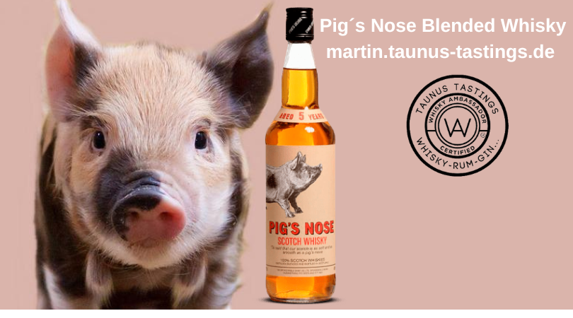 Eine Flasche Pig´s Nose Blend, im Hintergrund ein kleines Ferkel