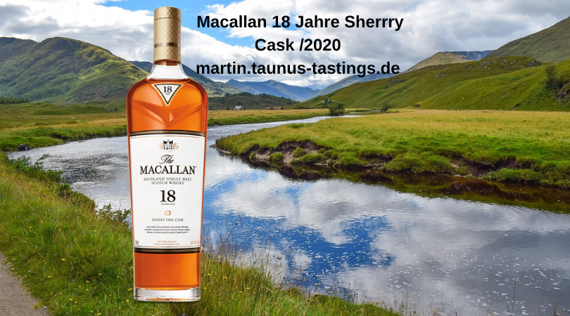 Eine Flasche Macallen 18 Jahre Sherry Cask, im Hintergrund ein kleiner Fluss