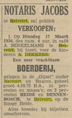 Dekkers Adrianus, Provinciale Noordbrabantsche en 's Hertogenbossche courant 14-03-1936 Verkoop van de boerderij aan de Gijzel voor de kinderen A. Dekkers