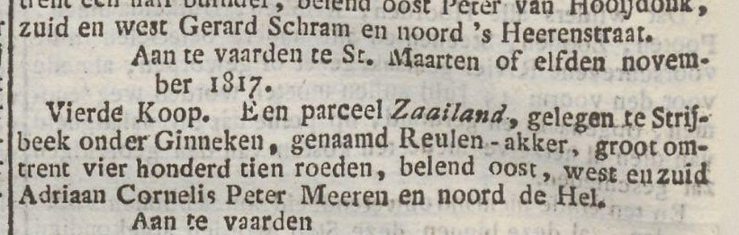 Meeren Adriaan Cornelis Pieter, vernoeming bij koop van zaailand te Strijbeek, op 21 juni 1817 in Bredasche Courant