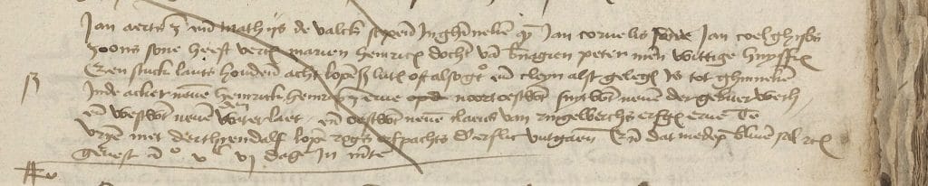 Bernagien Marie Heinricx dochter, huisvrouw van Peter Meren, koopt op 6 maart 1500 van Jan Cornelis Jan Coel Ghijben een stuk land tot Ginneken in de Acker - Ginneken Vestbrieven inv 415 f. 150r