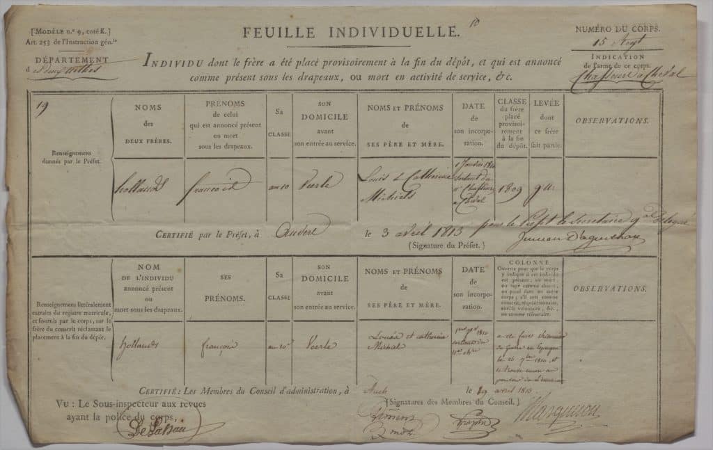 Francois Hollands, Feuille individuelle van het 15e Regiment Jagers te Paard, getekend 19 april 1813 met vermeld op 1 januari 1810 in regiment en krijgsgevangene in Spanje op 26 september 1810