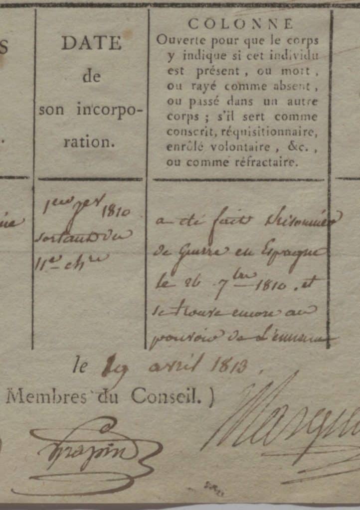 Hollands Francois, Feuille individuelle van het 15e Regiment Jagers te Paard, getekend 19 april 1813 met vermeld op 1 januari 1810 in regiment en krijgsgevangene in Spanje op 26 september 1810 fragment