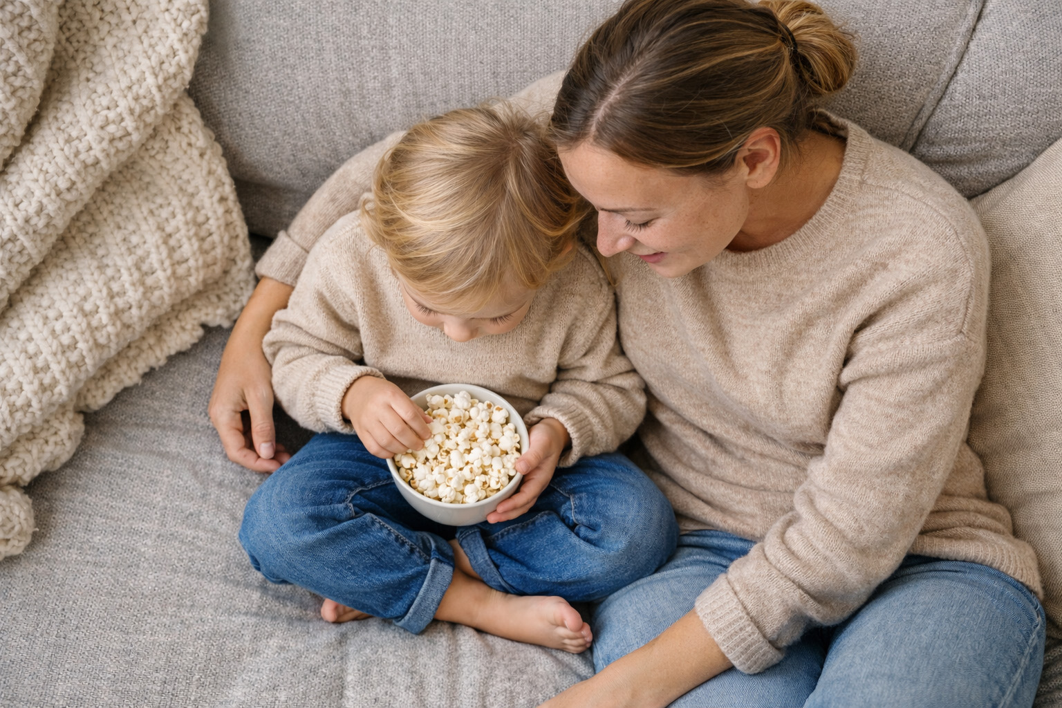litet barn och mamma sitter i soffa och äter popcorn
