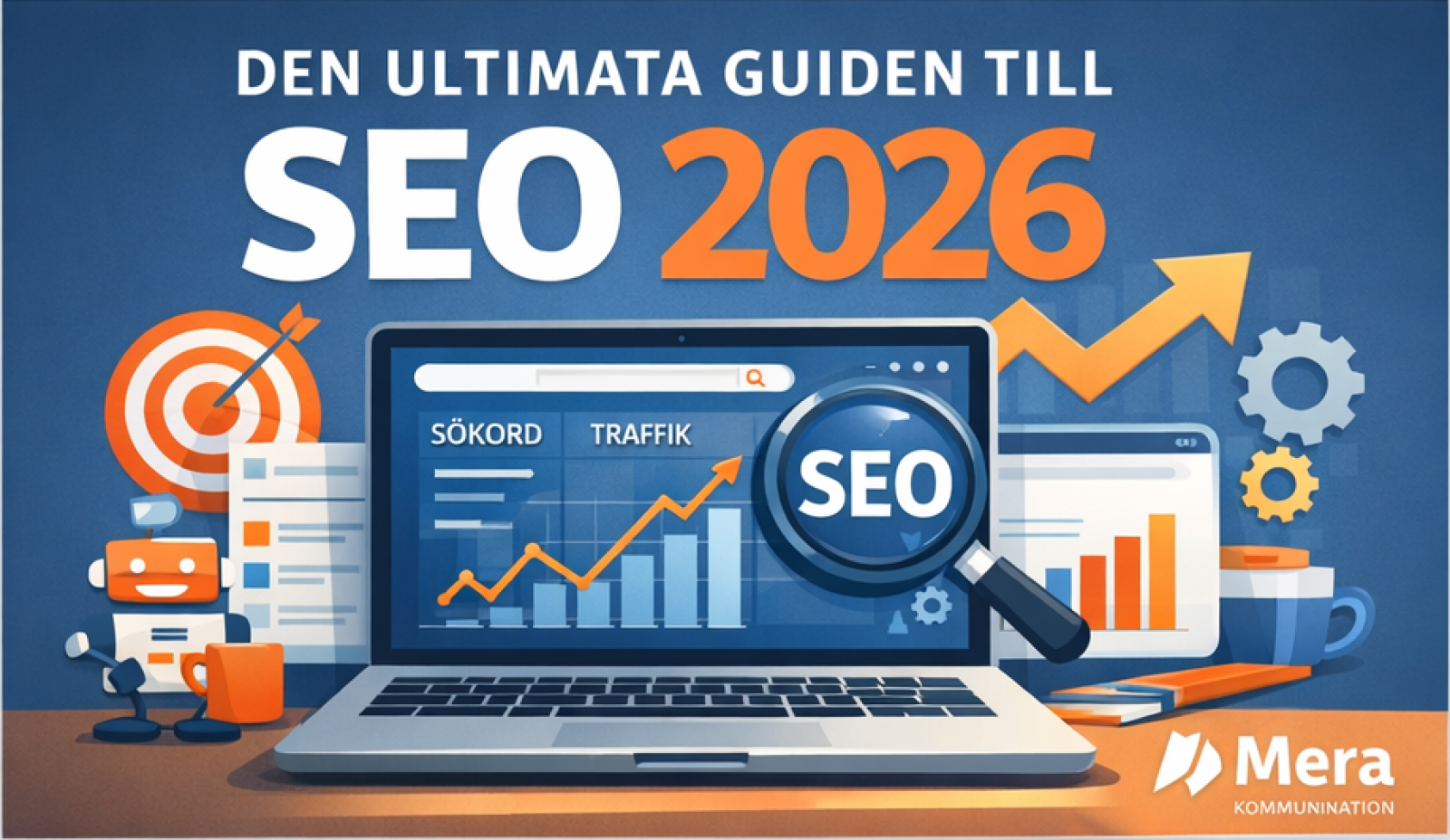 Illustration för den kompletta guiden till SEO 2026 med fokus på sökord, trafik och digital synlighet