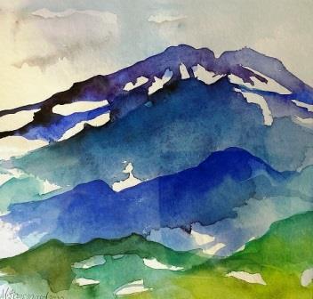 Motiv med bjerge malet som akvarel