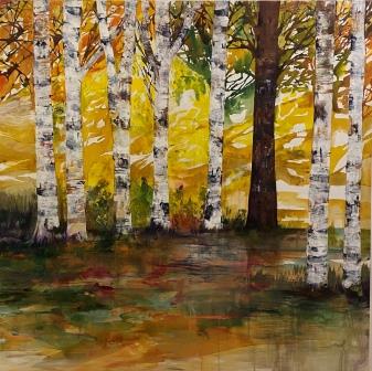 maleri i efterårsfarver - birkeskoven med gule og røde farver.