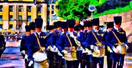 A-colorful-painting-of-military-band-marching-down-a-Stockholm-Street-playing-music