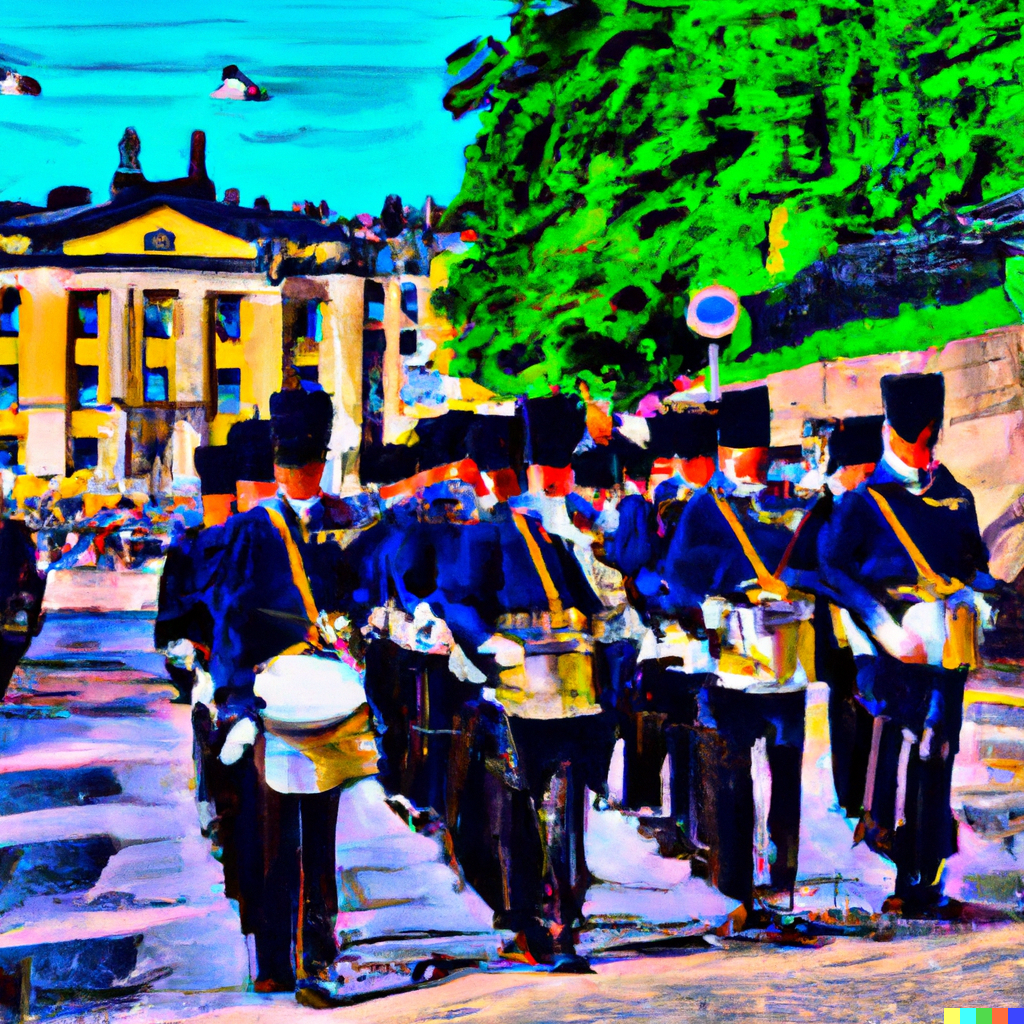 A-colorful-painting-of-military-band-marching-down-a-Stockholm-Street-playing-music