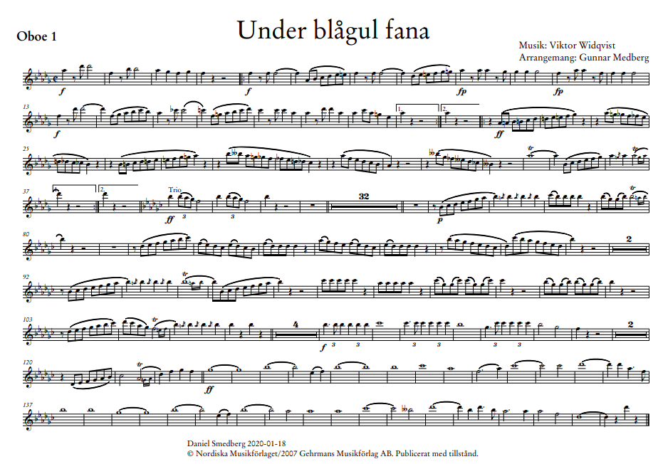 Oboe 1-stämman på en relativt nytryckt "Under blågul fana"