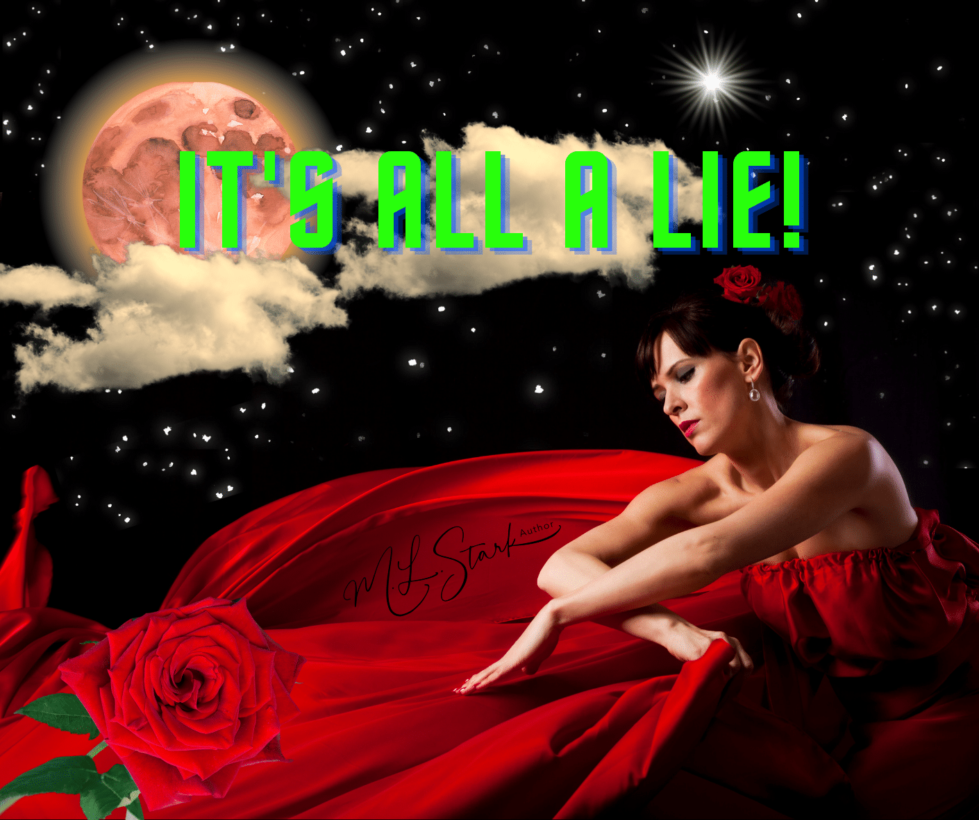 Moon, stars in the night and a woman in red with a red rose.