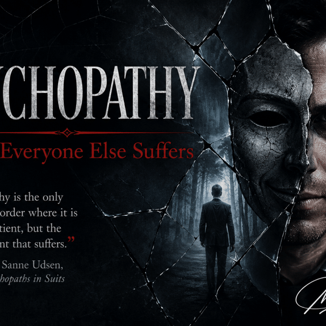 Psychological thriller artwork featuring a man behind a cracked mask and shattered glass, symbolising psychopathy, deception, manipulation, and the suffering of those around them.