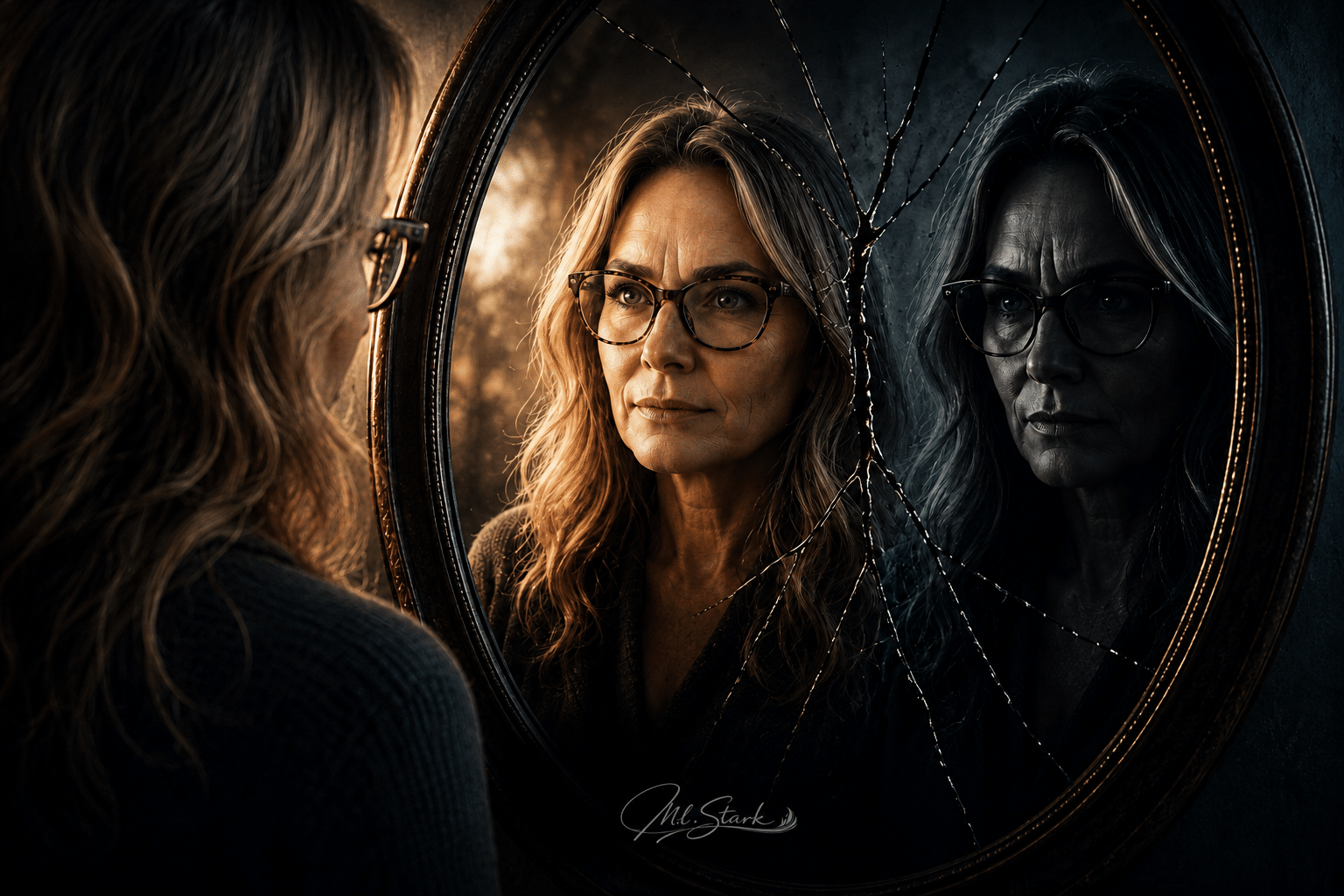 Woman looking into a cracked mirror with contrasting reflections symbolising trust, self-awareness, intuition, and personal transformation after emotional manipulation.