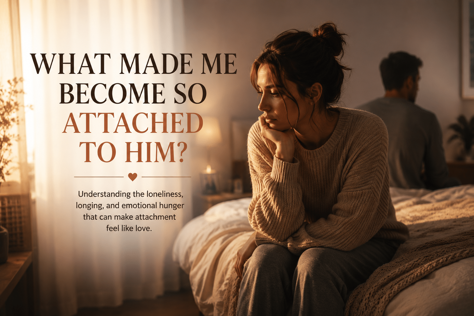 Thoughtful woman sitting on a bed while emotionally distant man sits in the background, symbolising loneliness, emotional vulnerability, and attachment in relationships.