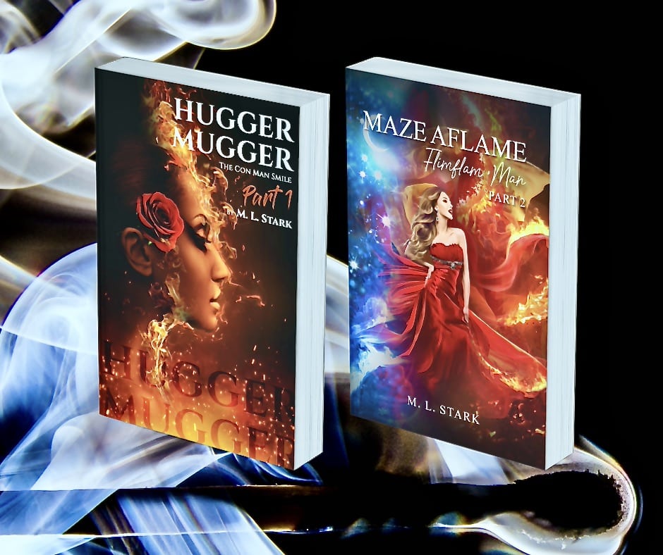 Hugger Mugger and Maze Aflame book covers displayed side by side surrounded by dramatic blue smoke and dark atmospheric lighting