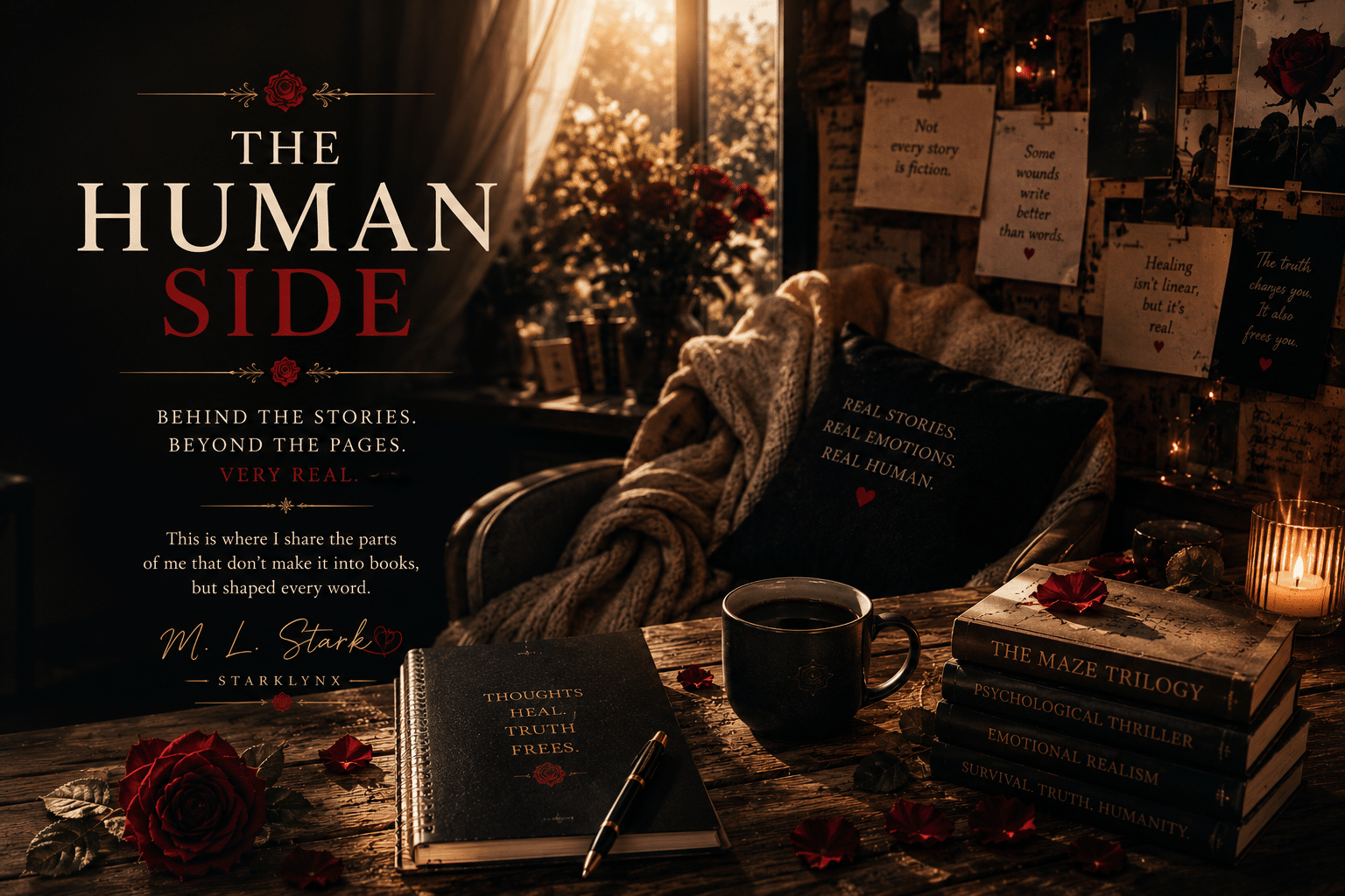 Warm cinematic reading corner for The Human Side by M. L. Stark featuring books, roses, candles, emotional reflections, and cozy literary atmosphere connected to The Maze Trilogy.