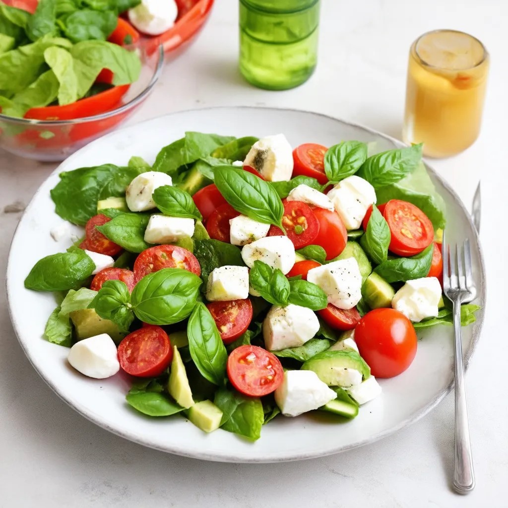 Salade d’été aux tomates, concombre, mozzarella et basilic Ingrédients (pour 4 personnes) :