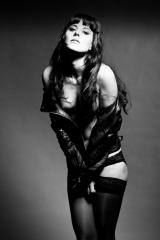 Just saying Black and white photography - model topless with leather jacket