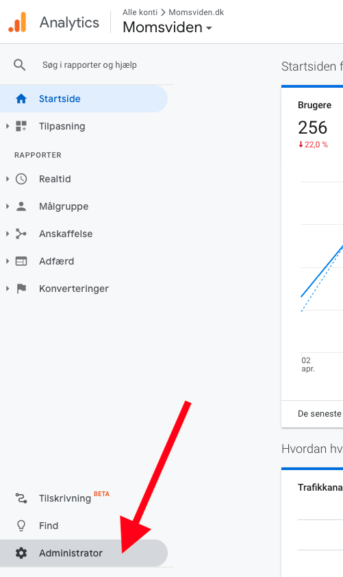 Klik derefter på "Admin" (Google Analytics)