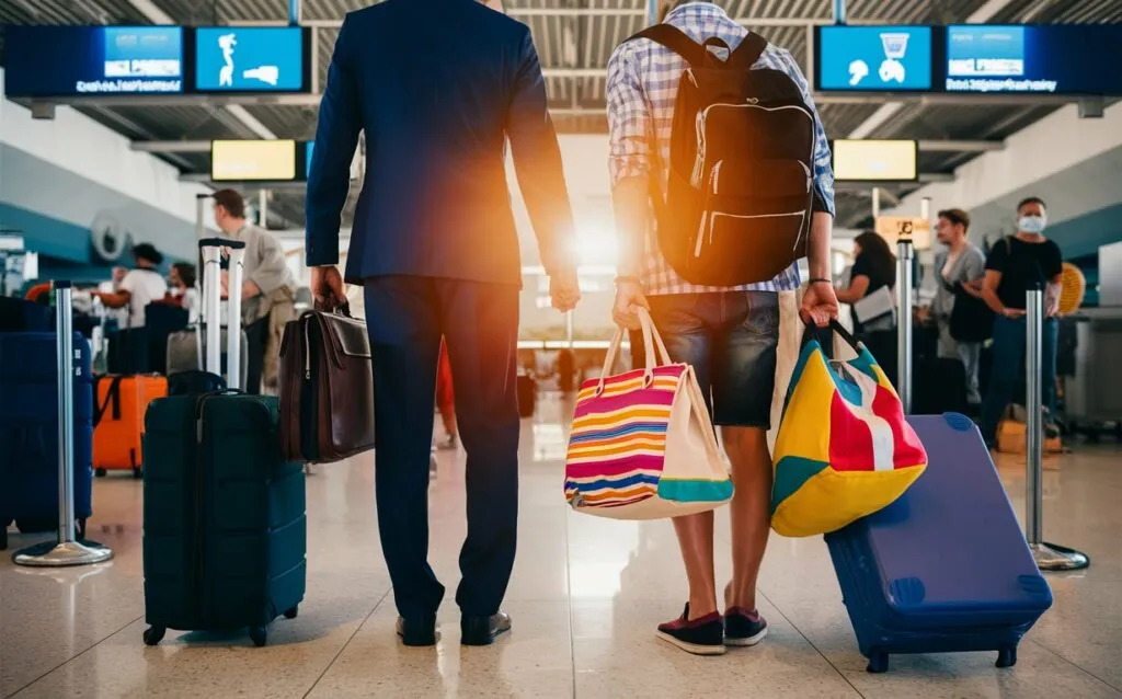 Two travelers, one in a business suit with a briefcase and a dark suitcase, and the other in casual shorts and a t-shirt with a colorful beach bag and backpack, walk side-by-side through a bright, busy airport terminal, symbolizing the bleisure travel trend.