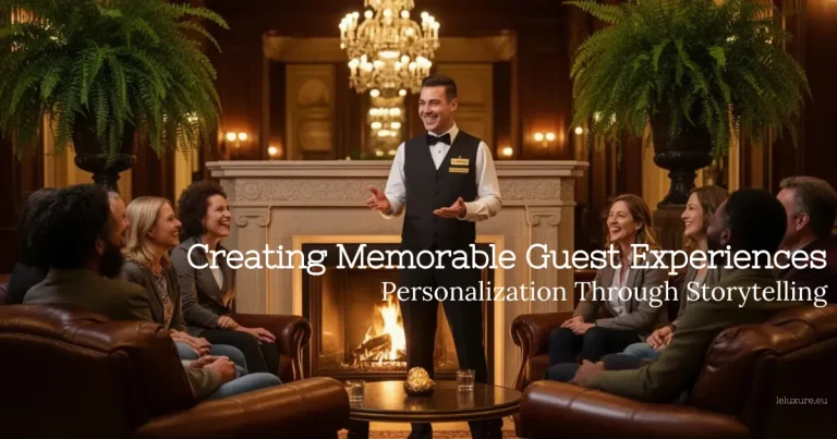 Concierge engaging a diverse group of guests with personalized storytelling in a luxurious hotel lobby beside a roaring fireplace to create memorable guest experiences.