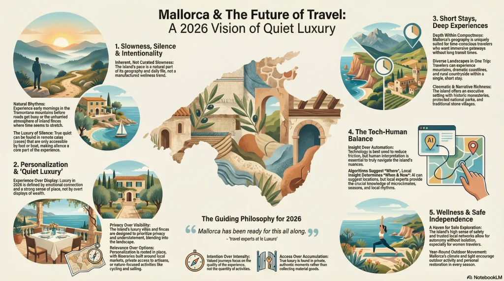 Infographic illustrating  travel trens for 2026 and Mallorca as the 2026 vision of quiet luxury travel with six key trends: slowness, personalization, short stays, tech-human balance, wellness, and guiding philosophy.