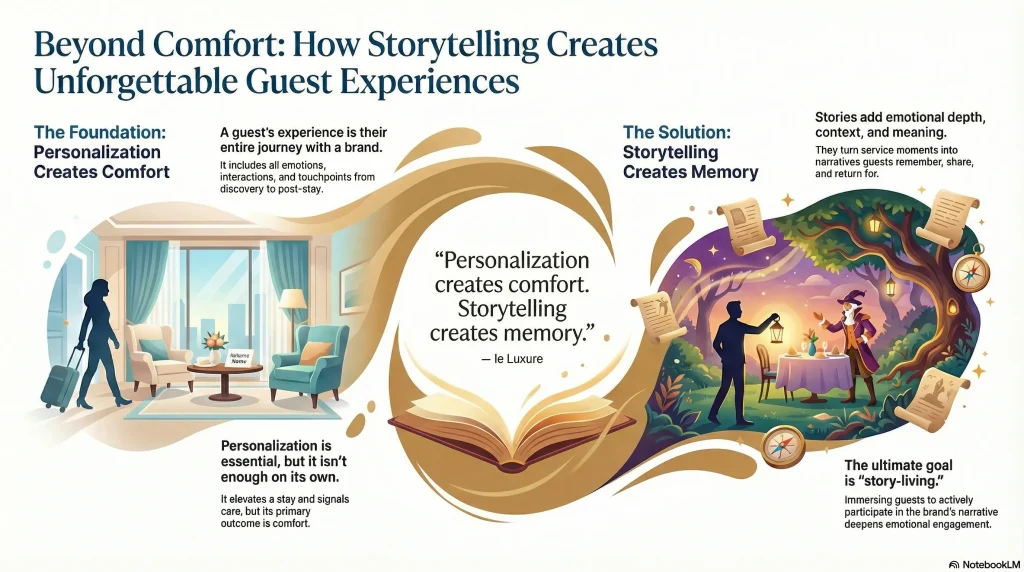 Infographic illustrating how personalization creates comfort and storytelling creates memorable guest experiences in luxury hospitality, with key quote "Personalization creates comfort. Storytelling creates memory.