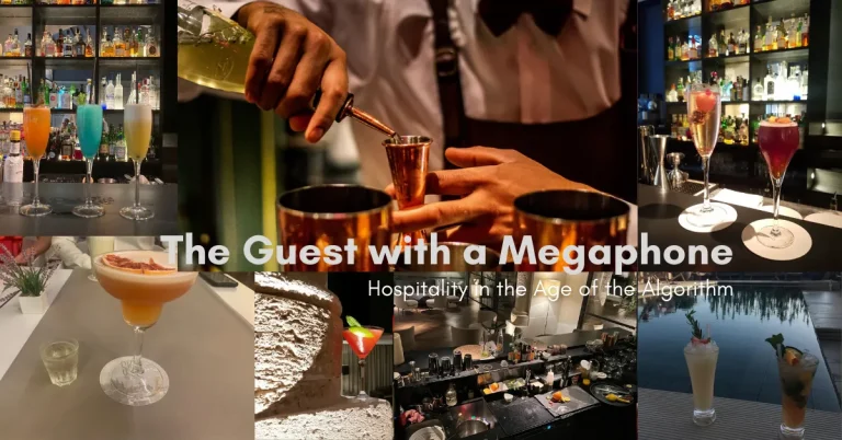 Hospitality in the age of the algorithm. Collage of colorful cocktails, bartender pouring drink, and luxury bar interiors illustrating modern hospitality and viral social media moments.