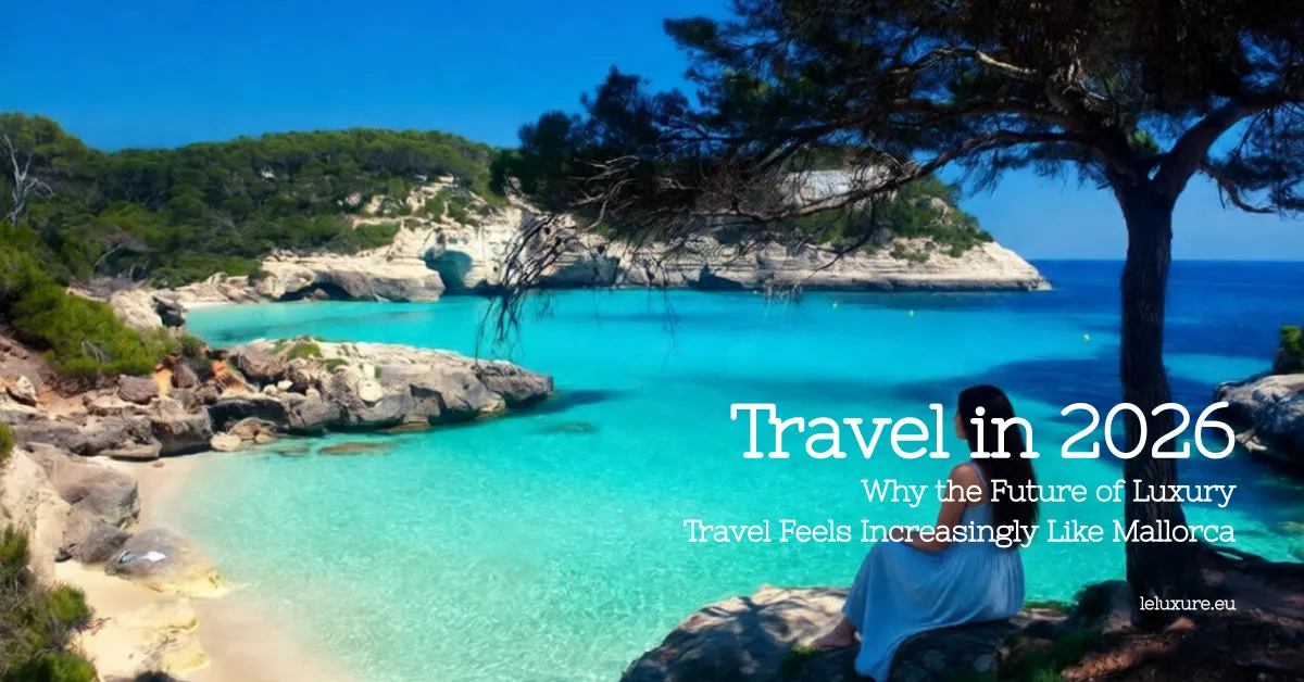 Travel trends in 2026. Woman in light blue dress sitting on rocky cliff overlooking turquoise cove and sandy beach in Mallorca