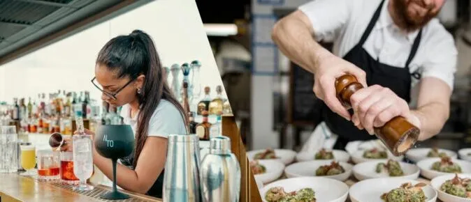 Chefs and head bartenders: Cult of personalitySplit image showing a female bartender mixing cocktails at a busy bar counter and a male chef seasoning multiple appetizer bowls with fresh herbs