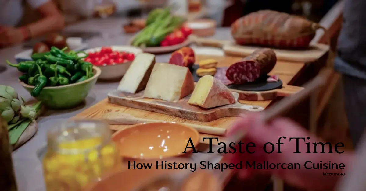 Rustic wooden table laden with traditional Mallorcan foods including sobrasada sausage, assorted cheeses, fresh vegetables, bread, and dips in a social dining setting
