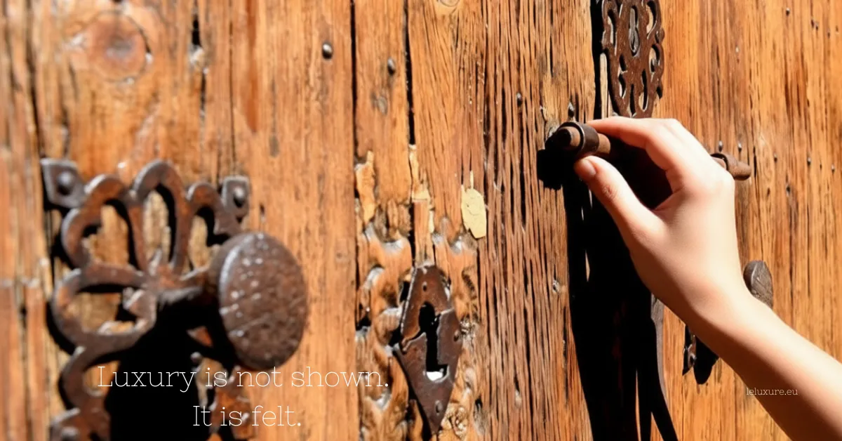 Weathered wooden Mallorcan door with antique iron hardware and a hand gently turning the ornate doorknob, overlaid with text: "Luxury is not shown. It is felt." – leluxure.eu