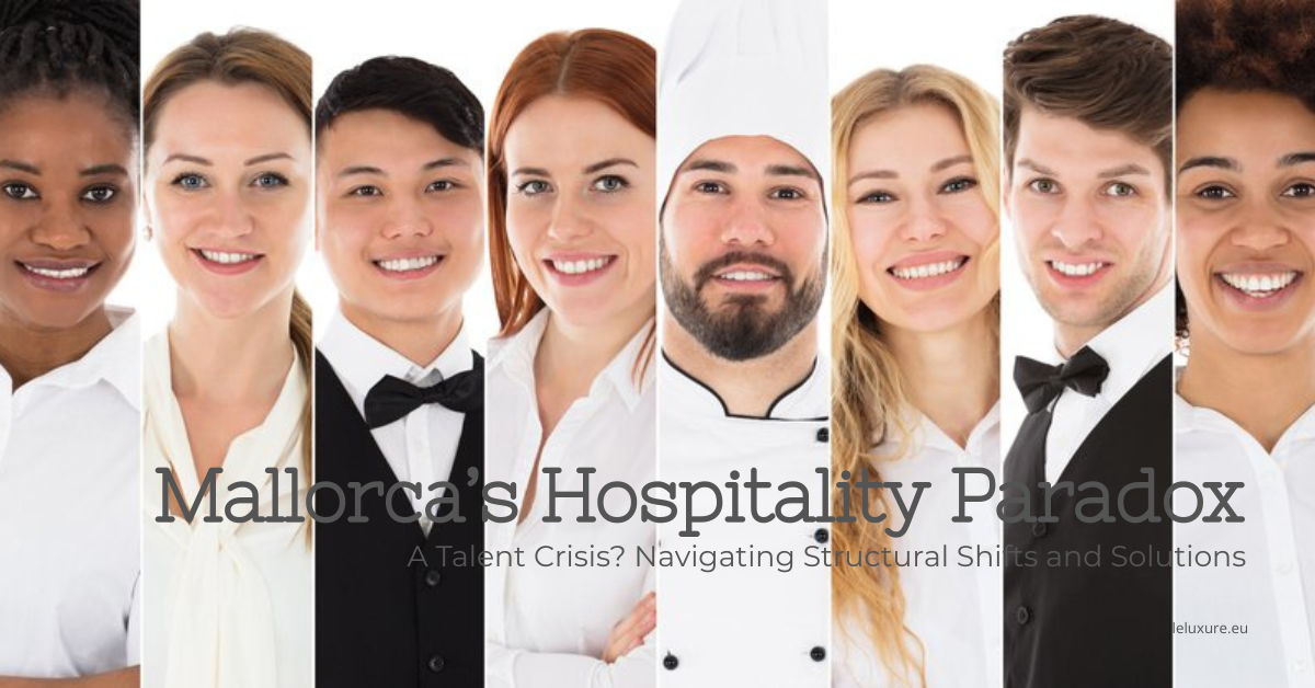 Mallorca's hospitality paradox. Diverse group of smiling hospitality professionals from various backgrounds and roles