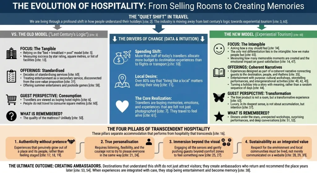 La verdadera razón por la que volvemos a un hotel. Infografía que compara el antiguo modelo hotelero, centrado en instalaciones tangibles, con el nuevo turismo experiencial, que prioriza los recuerdos, las emociones y la transformación.